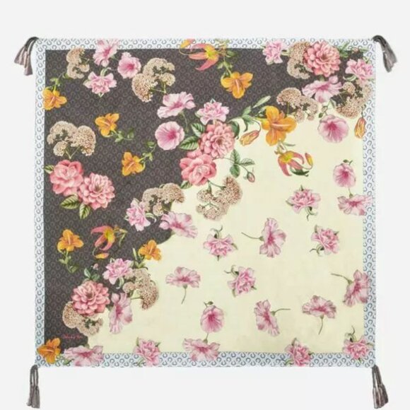 Johnny Was Kopari Flowers Silk Scarf Large Floral White Grey Tassels Scarves NEW - Picture 1 of 3